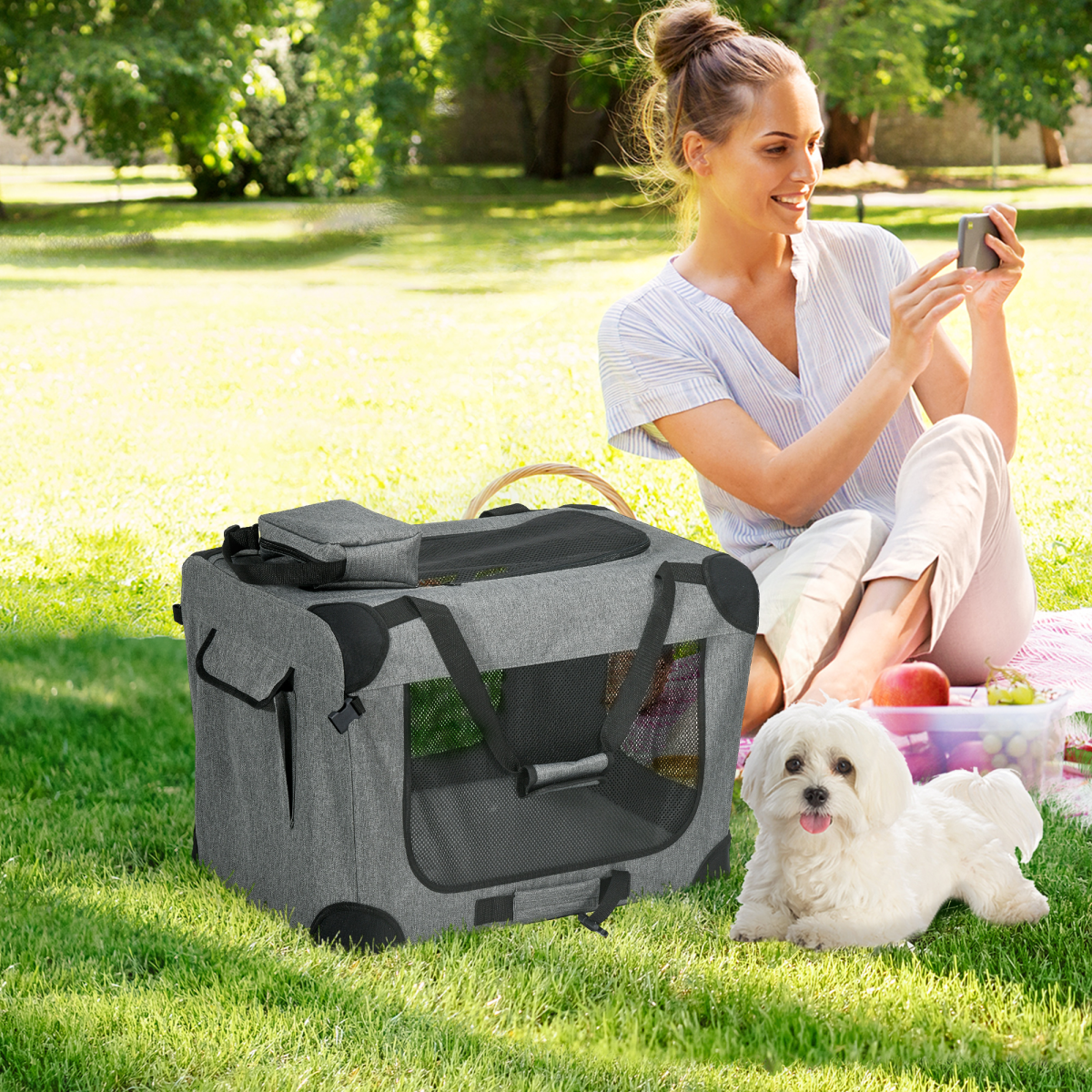 PawHut Folding Pet Carrier Bag House with Cushion, Grey, 60x41x41 cm