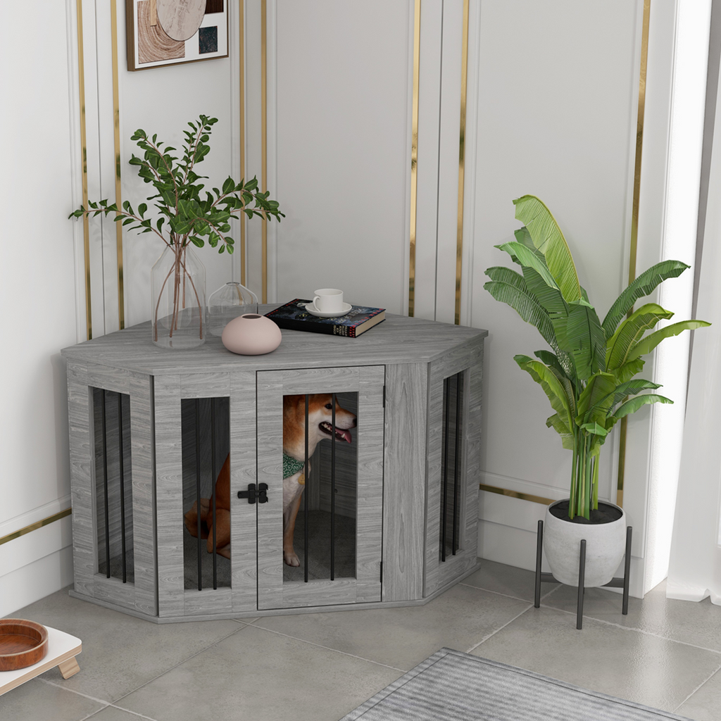 PawHut Dog Crate & Side Table for Medium Dogs, Large Door, Grey