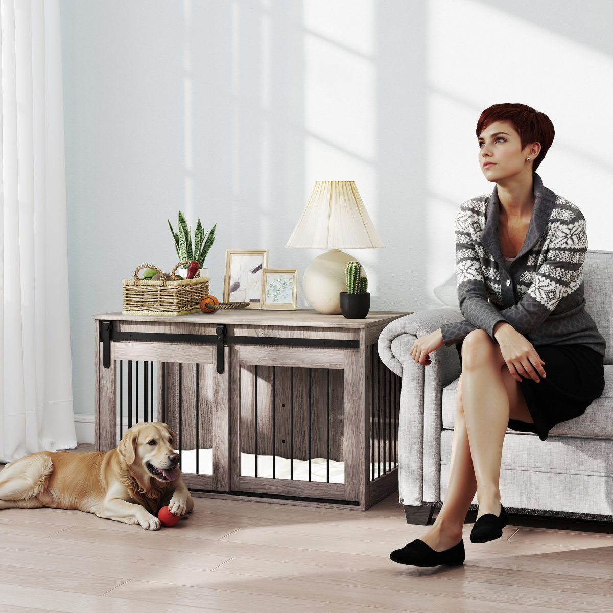 PawHut Large Dog Crate & Side Table with Removable Cushion - Brown