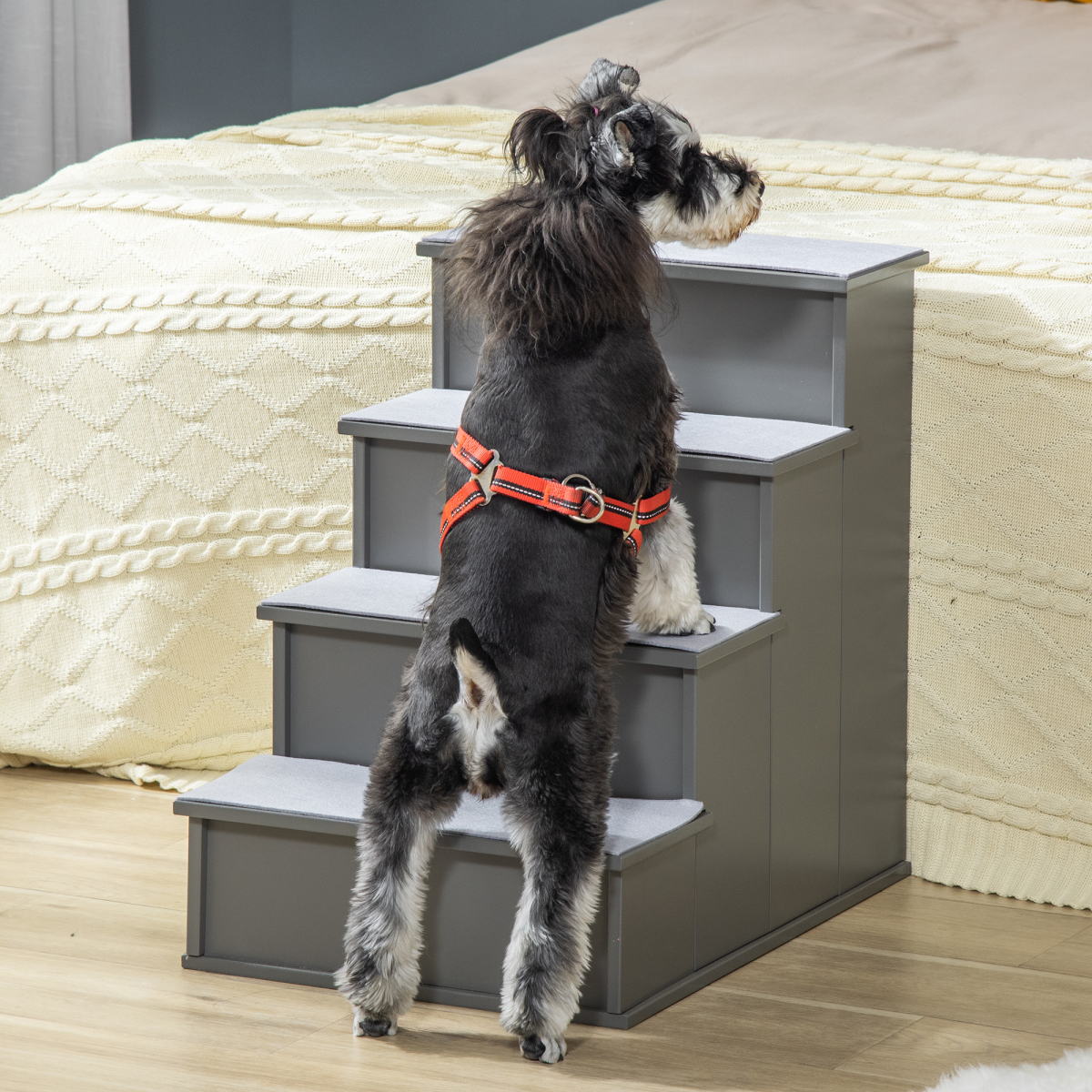 4-Step Wooden Pet Stairs with Cushioned Treads for Bed & Couch, Grey Pawhut