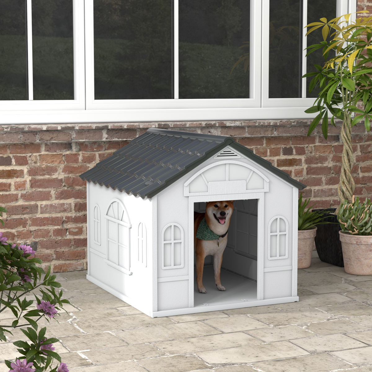 PawHut Weather-Resistant Large Dog House Grey Plastic Shelter