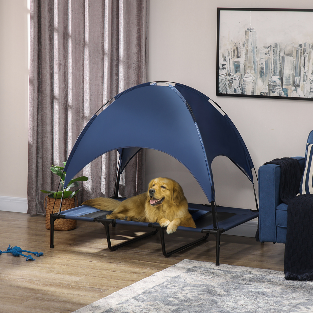 PawHut 122cm Elevated Dog Bed with Canopy - UV Shade, Cooling Raised Cot, Blue