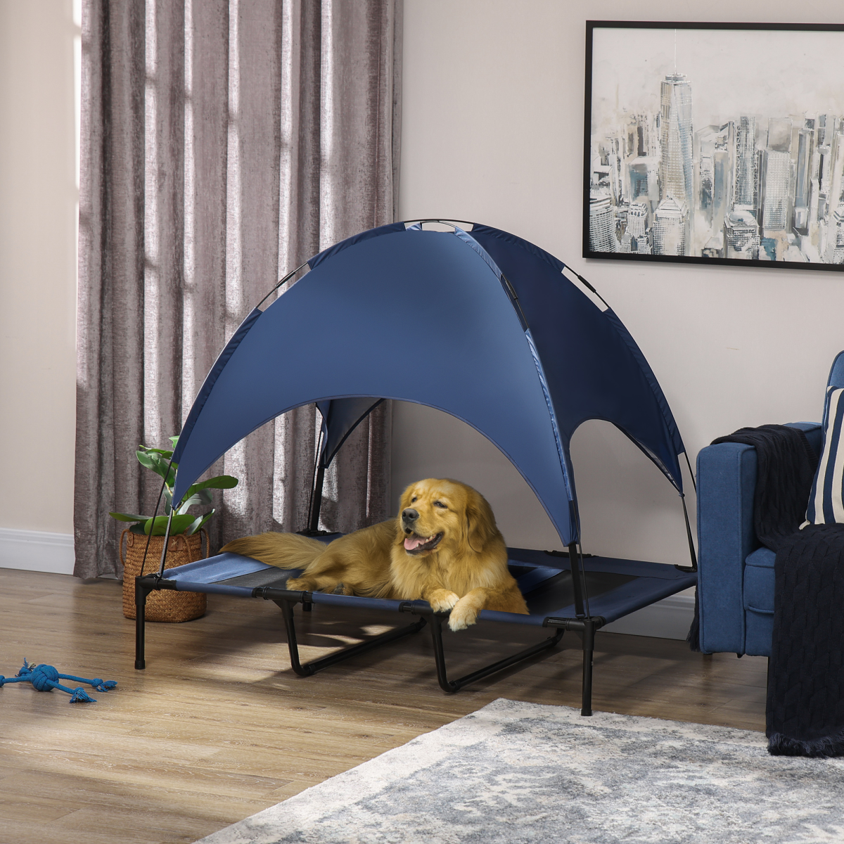 PawHut 122cm Elevated Dog Bed with Canopy - UV Shade, Cooling Raised Cot, Blue