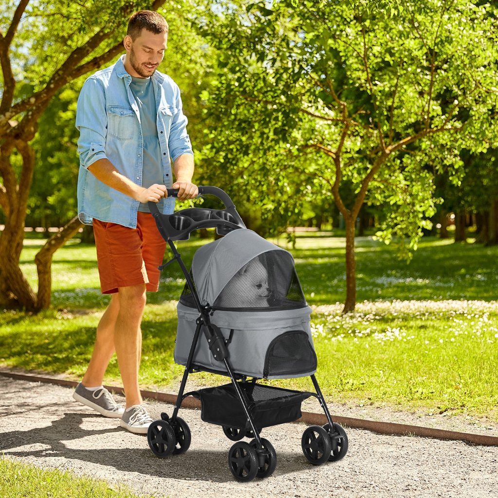 No-Zip Foldable Pet Stroller with Brake Basket, 360° Wheels, Adjustable Canopy
