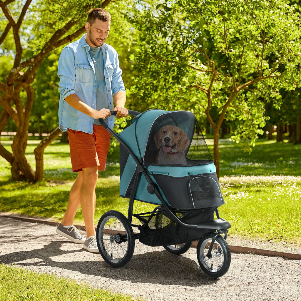 PawHut 3-Wheel Pet Stroller - Foldable, Green, for Small & Medium Dogs