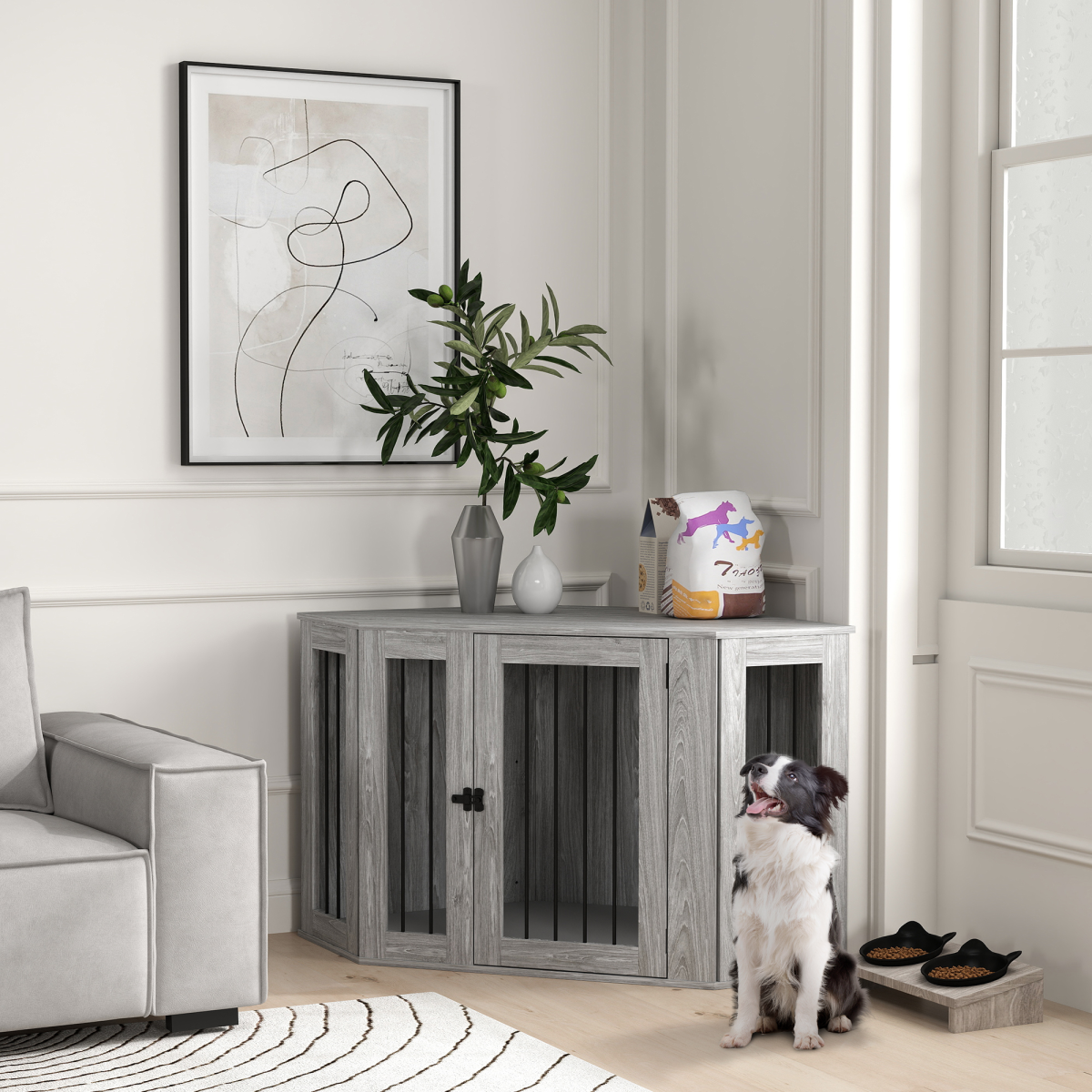 PawHut Large Dog Crate Furniture with Cushion & Door - Grey