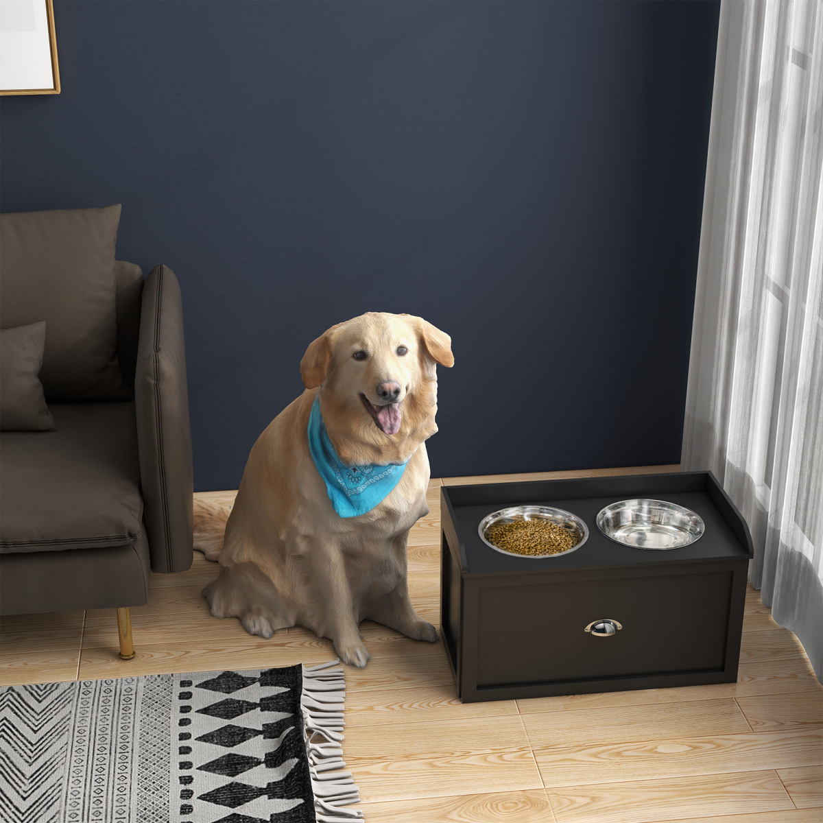 PawHut Raised Stainless Steel Dog Bowl with 21L Storage Drawer for Large Dogs