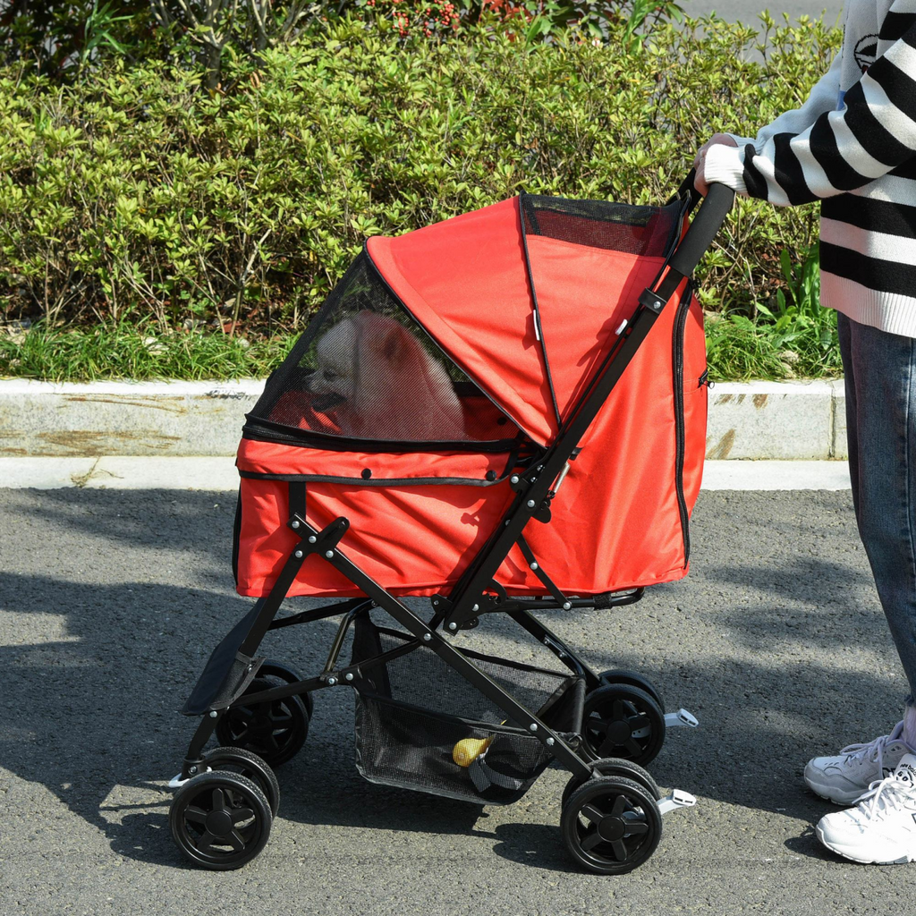 Foldable Four-Wheel Pet Stroller with Reversible Handle, Brakes & Storage