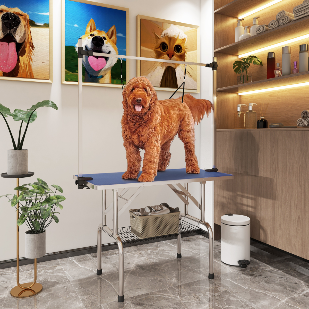 Metal Adjustable Dog Grooming Table with Rubber Top, 2 Safety Slings Pawhut