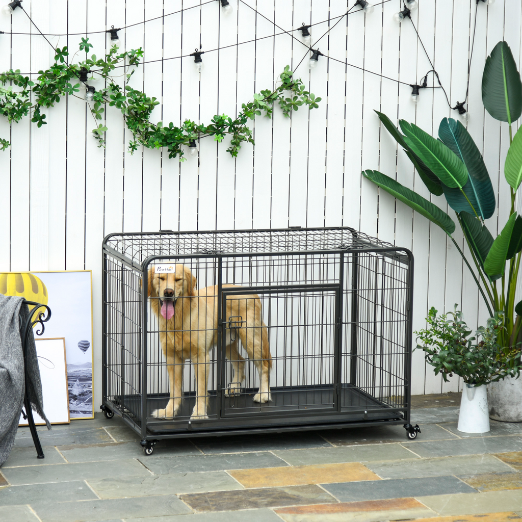 81x125cm Pawhut Metal Dog Cage with Locking Door and Wheels Extra Large