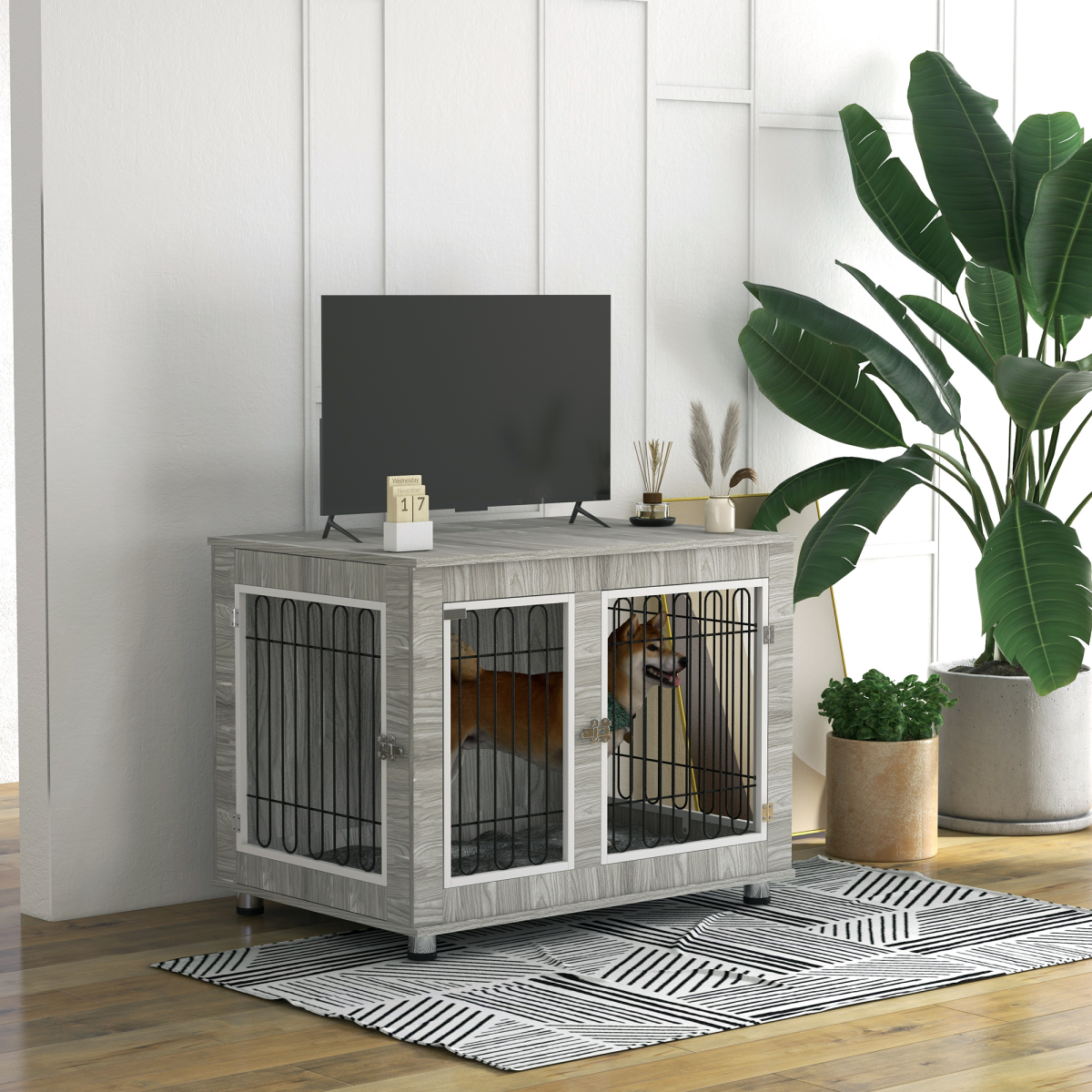 PawHut Dog Crate End Table with Soft Cushion, Double Doors