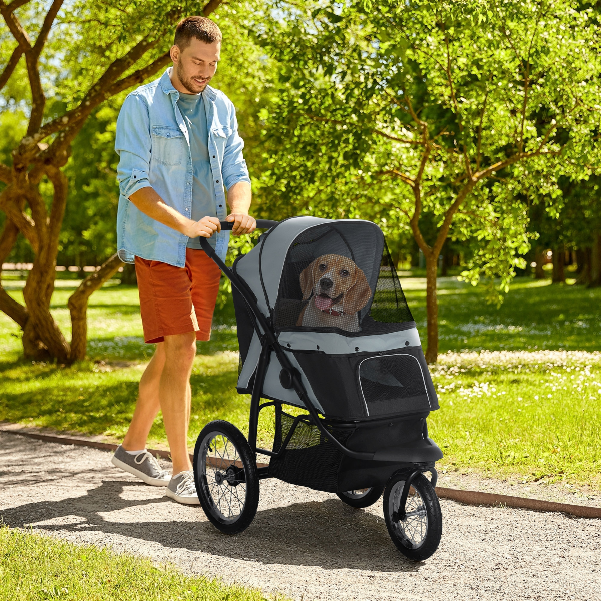 3-Wheel Pet Stroller for Small/Medium Dogs, Foldable Grey Pram