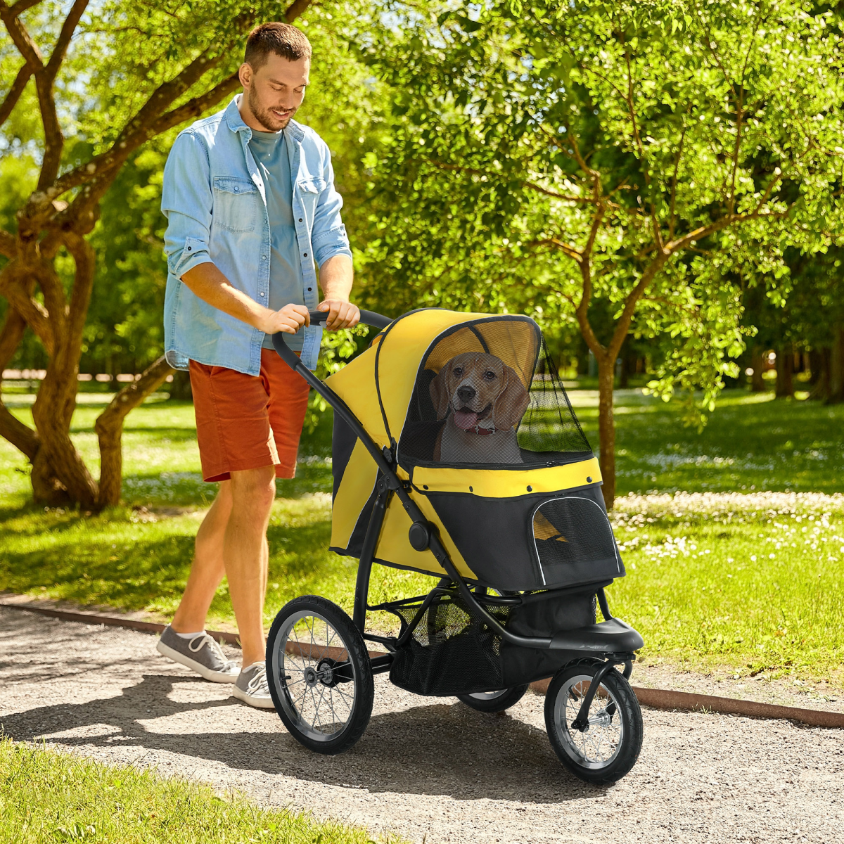 PawHut 3-Wheel Pet Stroller for Small/Medium Dogs & Cats - Foldable, Yellow