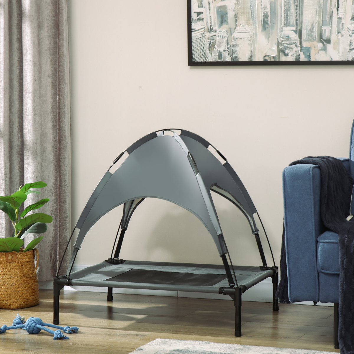 76cm Outdoor Elevated Dog Bed with Canopy - Cooling, UV Protection, Grey Pawhut