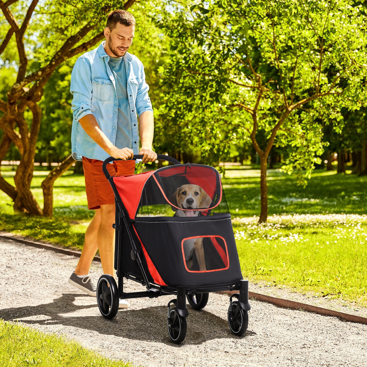 PawHut Foldable Dog Carriage with Universal Wheels and Shock Absorber - Red
