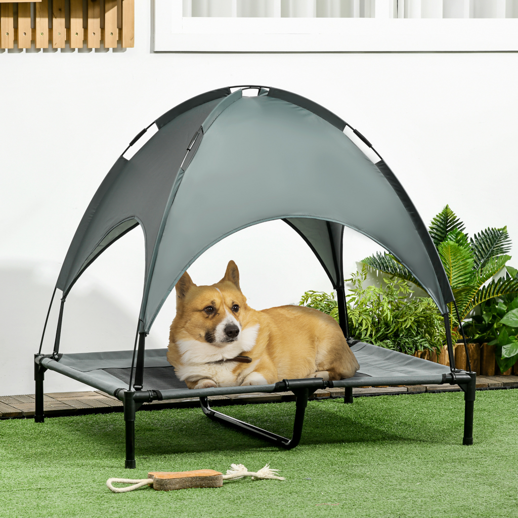 Pawhut 92cm Elevated Dog Bed with Canopy - Cooling, UV Shade, Grey