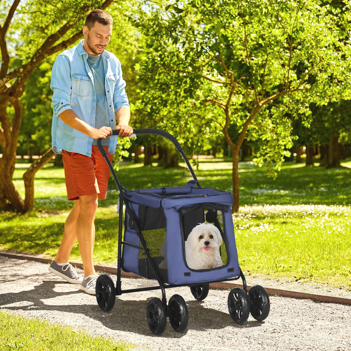PawHut One-Click Foldable Pet Stroller with Mesh Windows - Blue