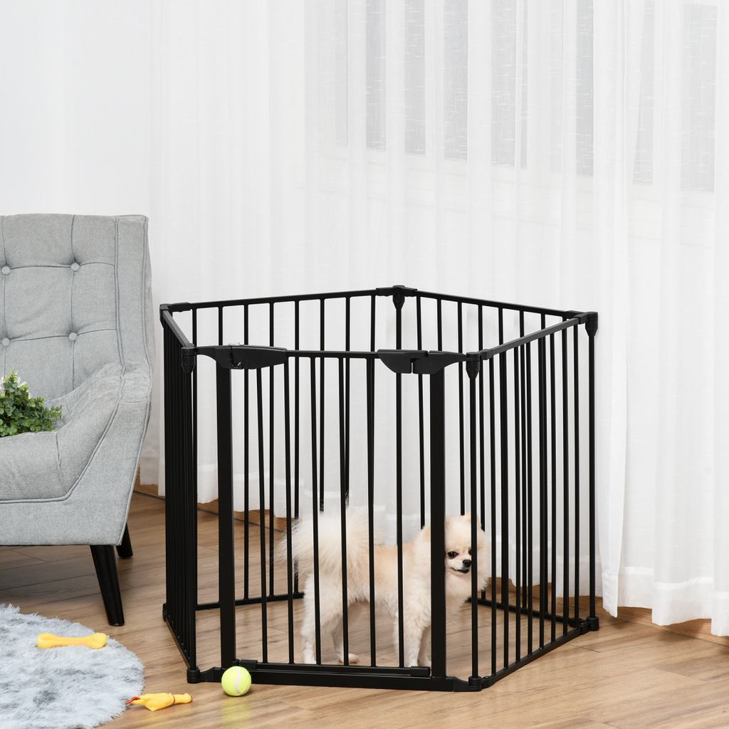 5-Panel Pet Gate Dog Playpen - Indoor Stair Barrier with Walk-Through Door Black