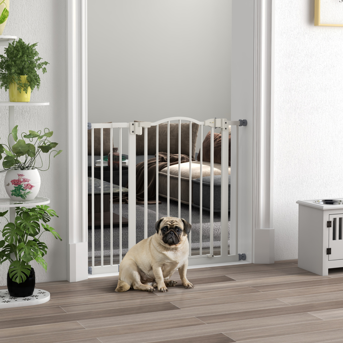 PawHut 74-94cm Auto-Close Metal Pet Gate with Double-Locking - White