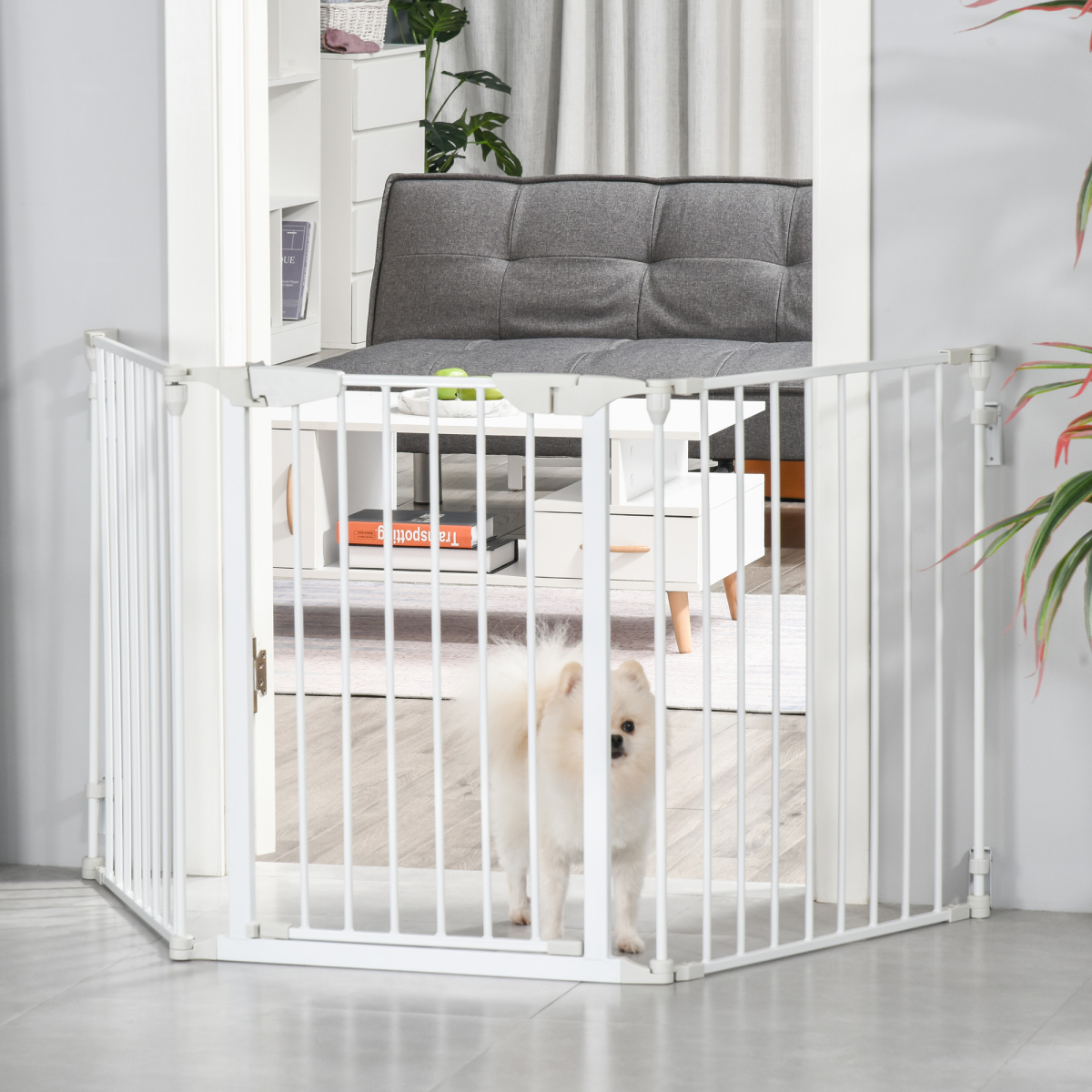Foldable Pet Safety Gate 3-Panel Playpen with Walk-Through Door, White