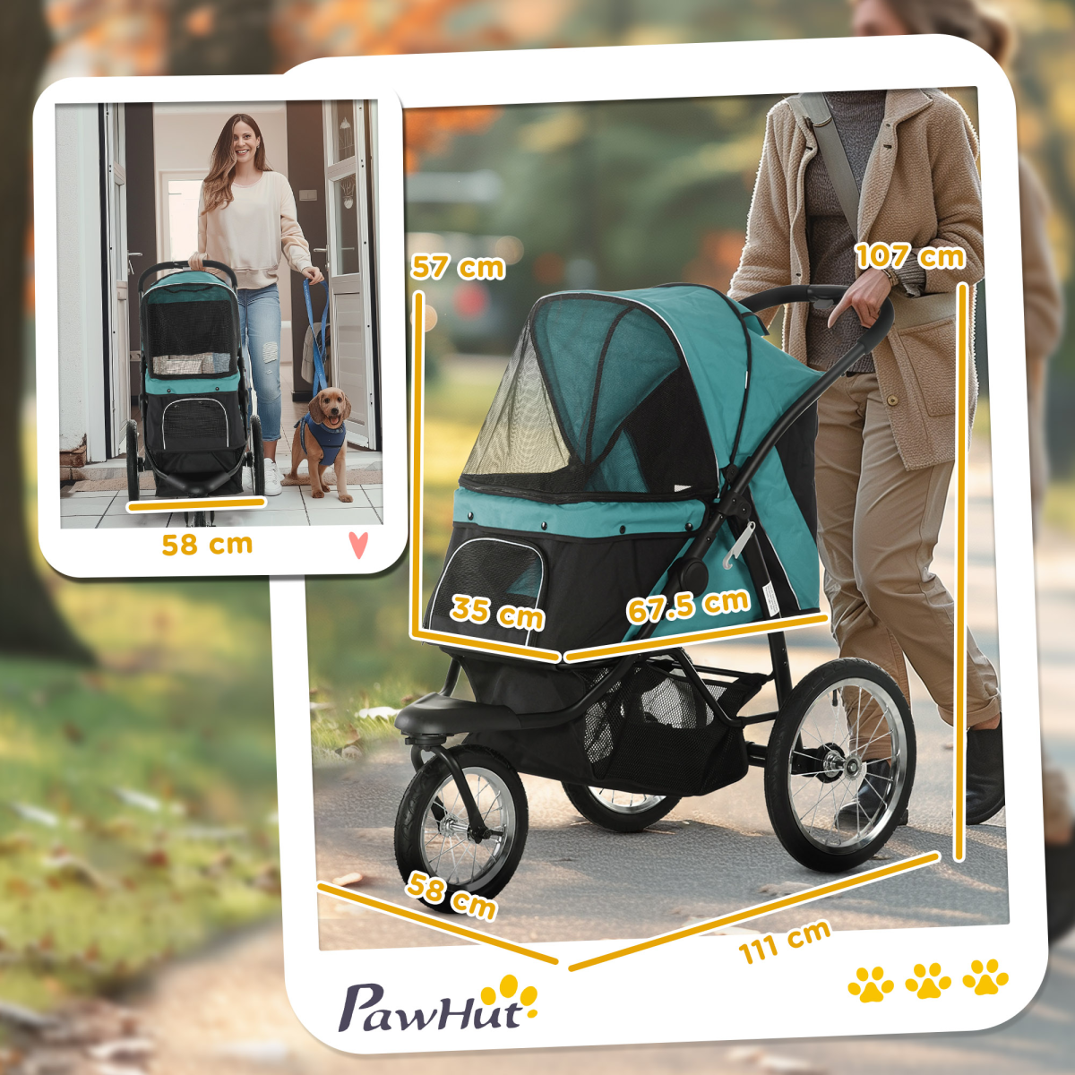 PawHut 3-Wheel Pet Stroller - Foldable, Green, for Small & Medium Dogs