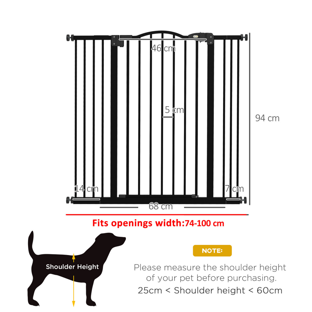 PawHut Adjustable Metal Pet Gate 74-100cm with Auto-Close Door Black
