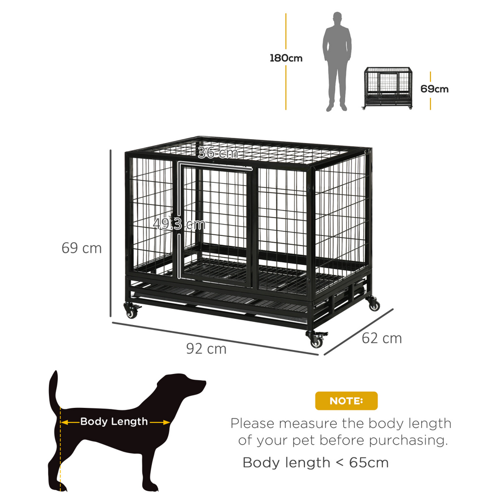 Heavy-Duty Metal Dog Kennel with Wheels & Tray - Black, Size M/L