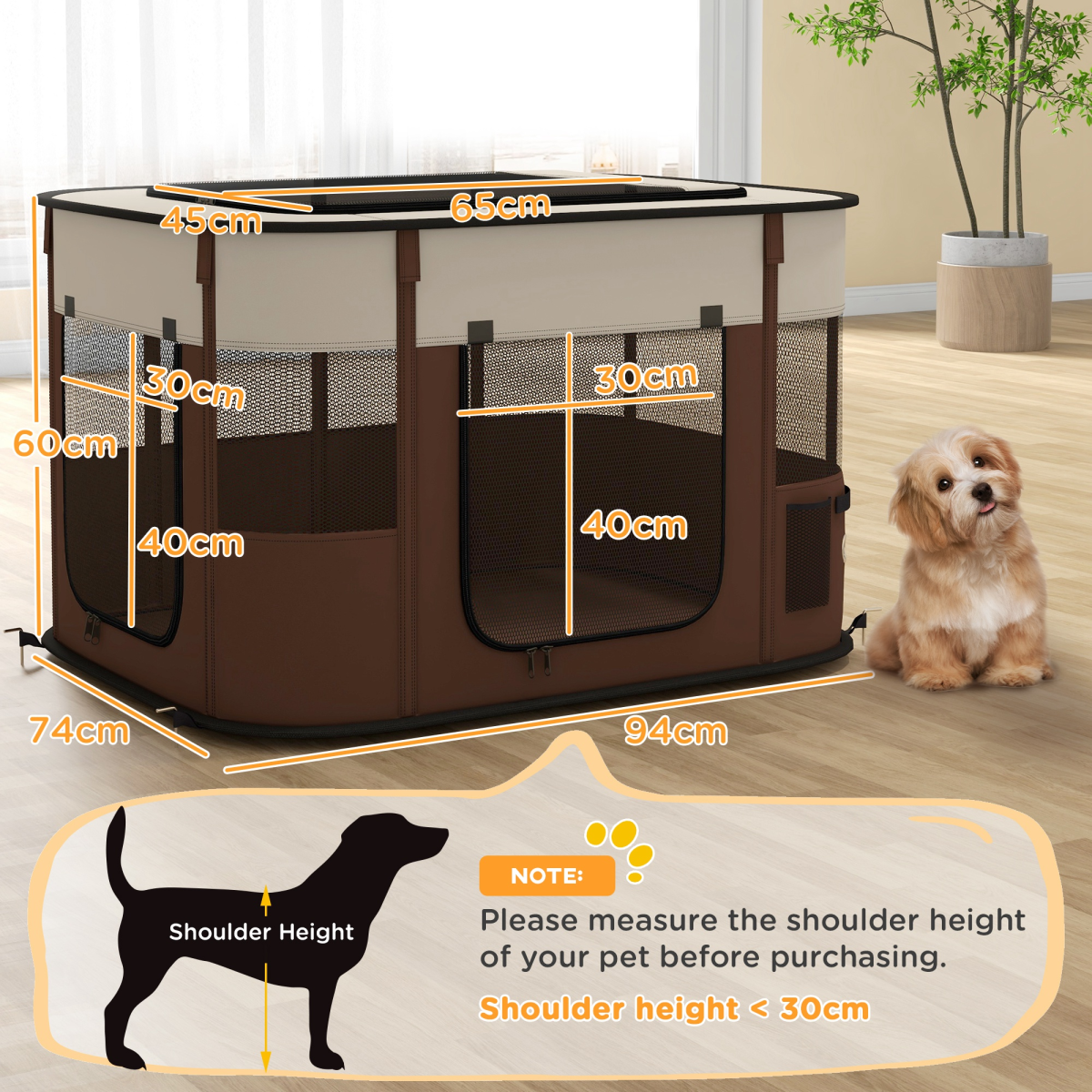 PawHut Portable Pet Pen for Small Animals - Brown, Foldable & Ventilated