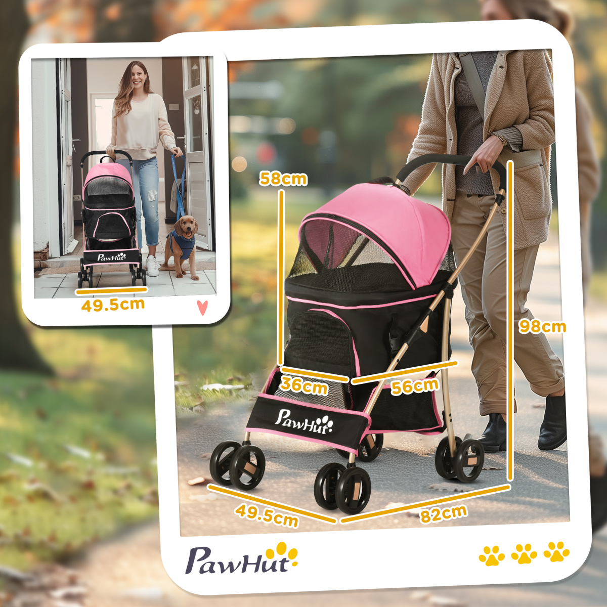 PawHut 3-in-1 Pet Stroller with Detachable Carriage - Pink