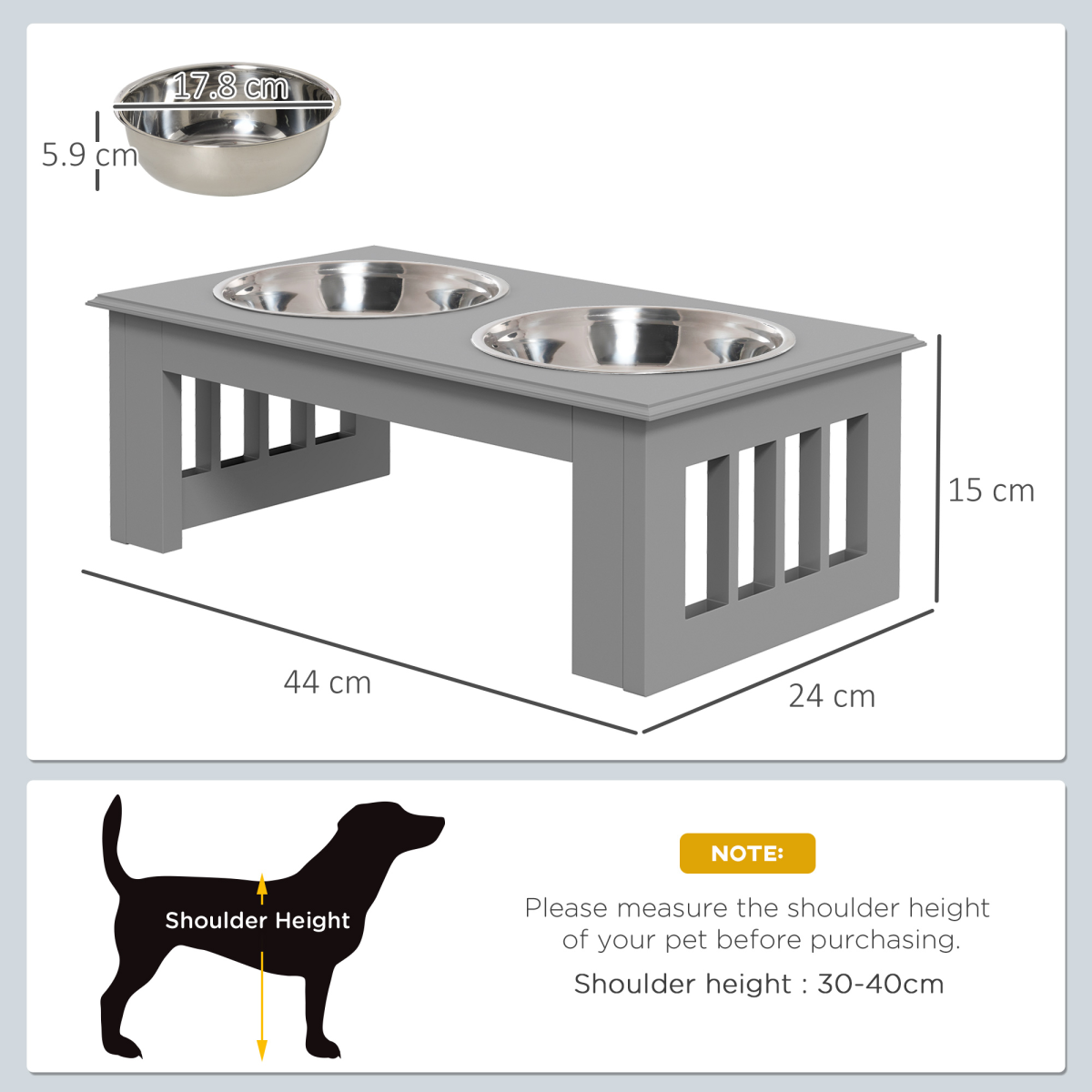 PawHut Double Bowl Raised Dog Feeder - Stainless Steel, Anti-Slip Grey