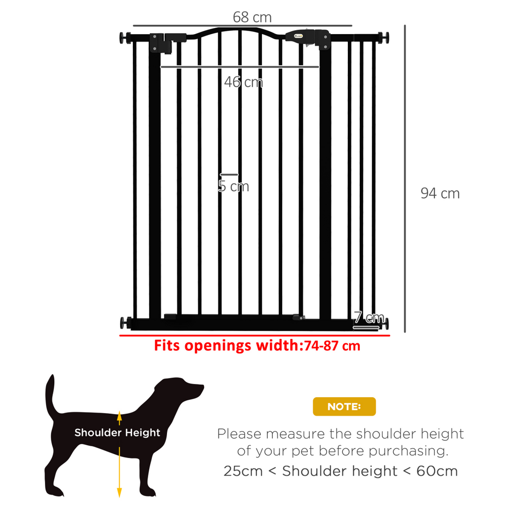 PawHut 74-87cm Metal Pet Gate with Auto-Close Door and Double Lock - Black