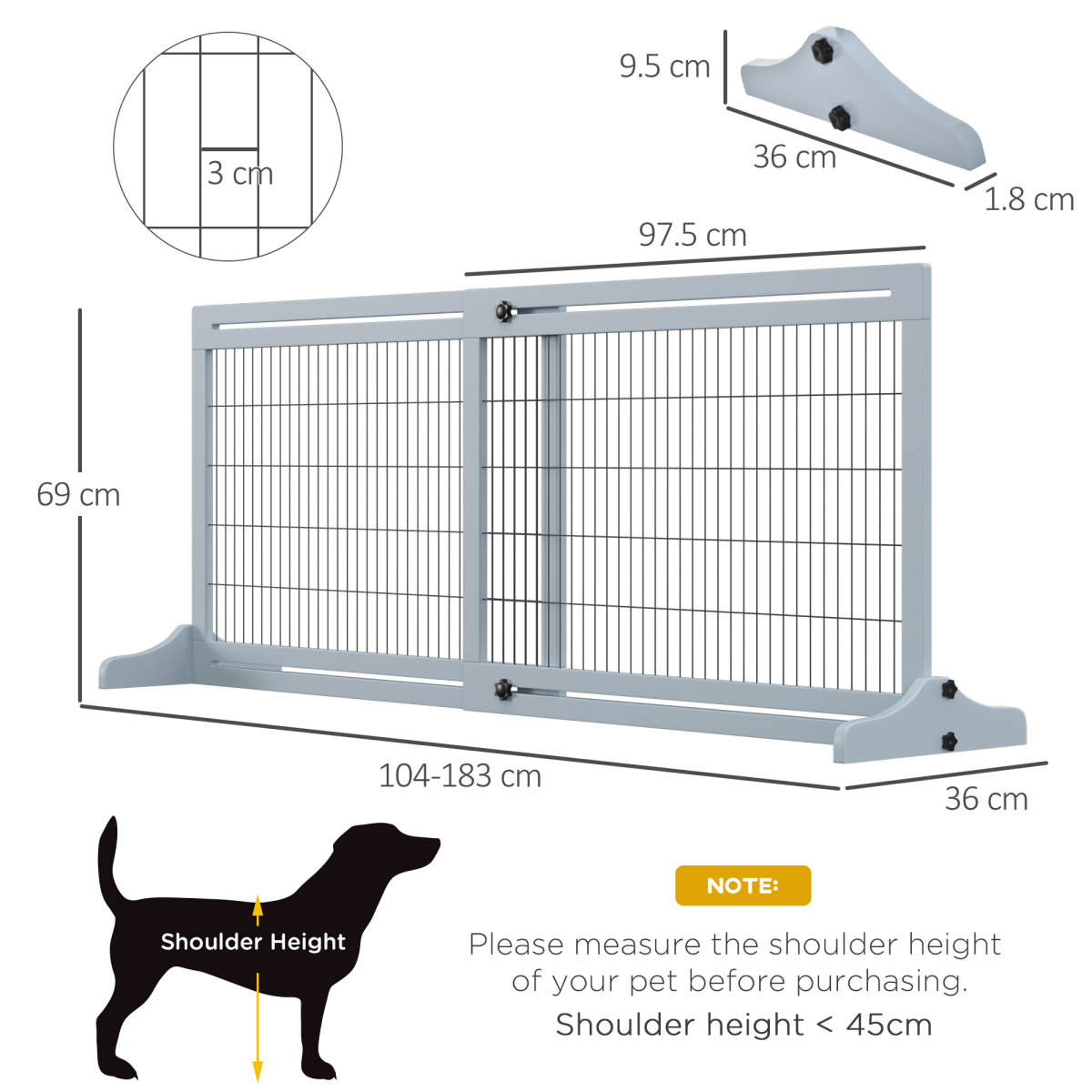 Pawhut Adjustable Freestanding Wooden Pet Gate for Doorways - Grey