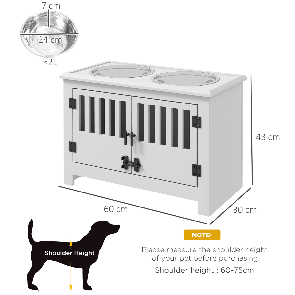 PawHut Raised 2-Bowl Dog Feeding Station for Large Dogs with Storage - White