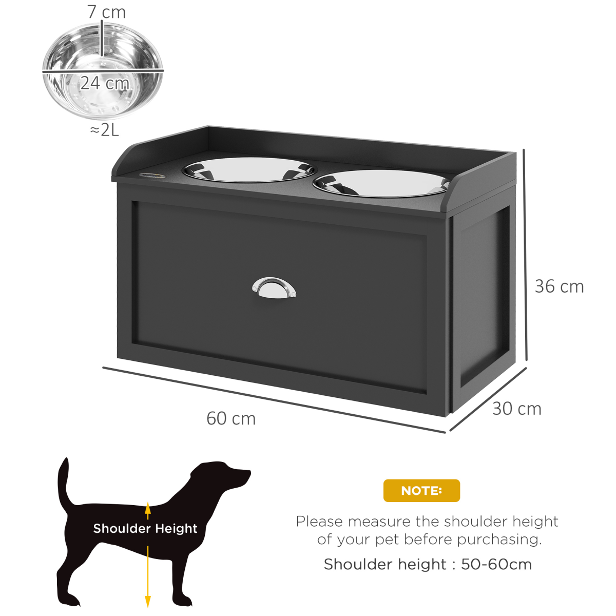 PawHut Raised Stainless Steel Dog Bowl with 21L Storage Drawer for Large Dogs