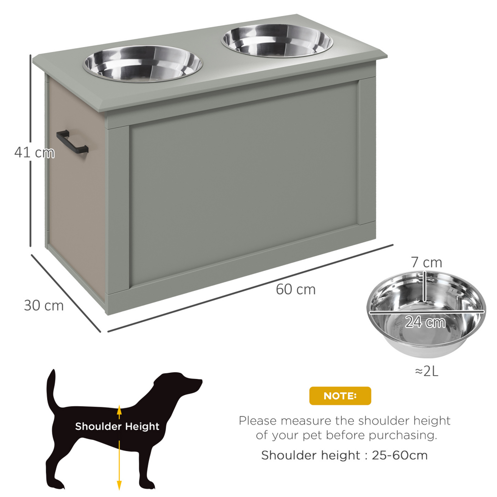 Grey Elevated Dual Pet Bowls with Storage Stand - Stainless Steel