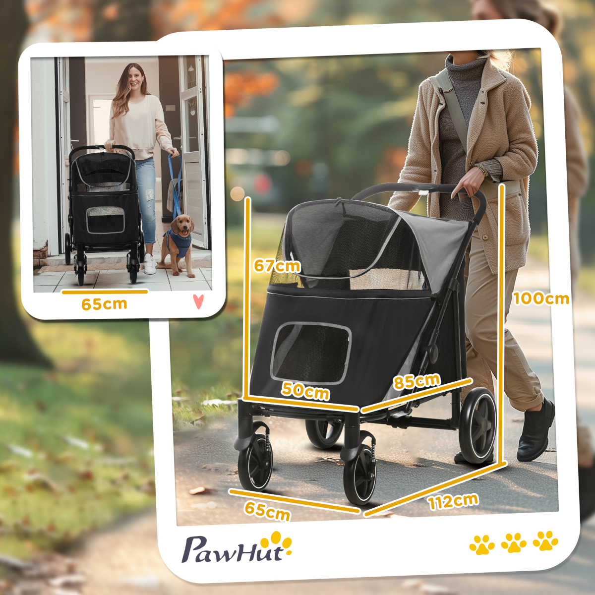 PawHut Foldable Dog Carriage with Universal Wheels & Shock Absorber - Black