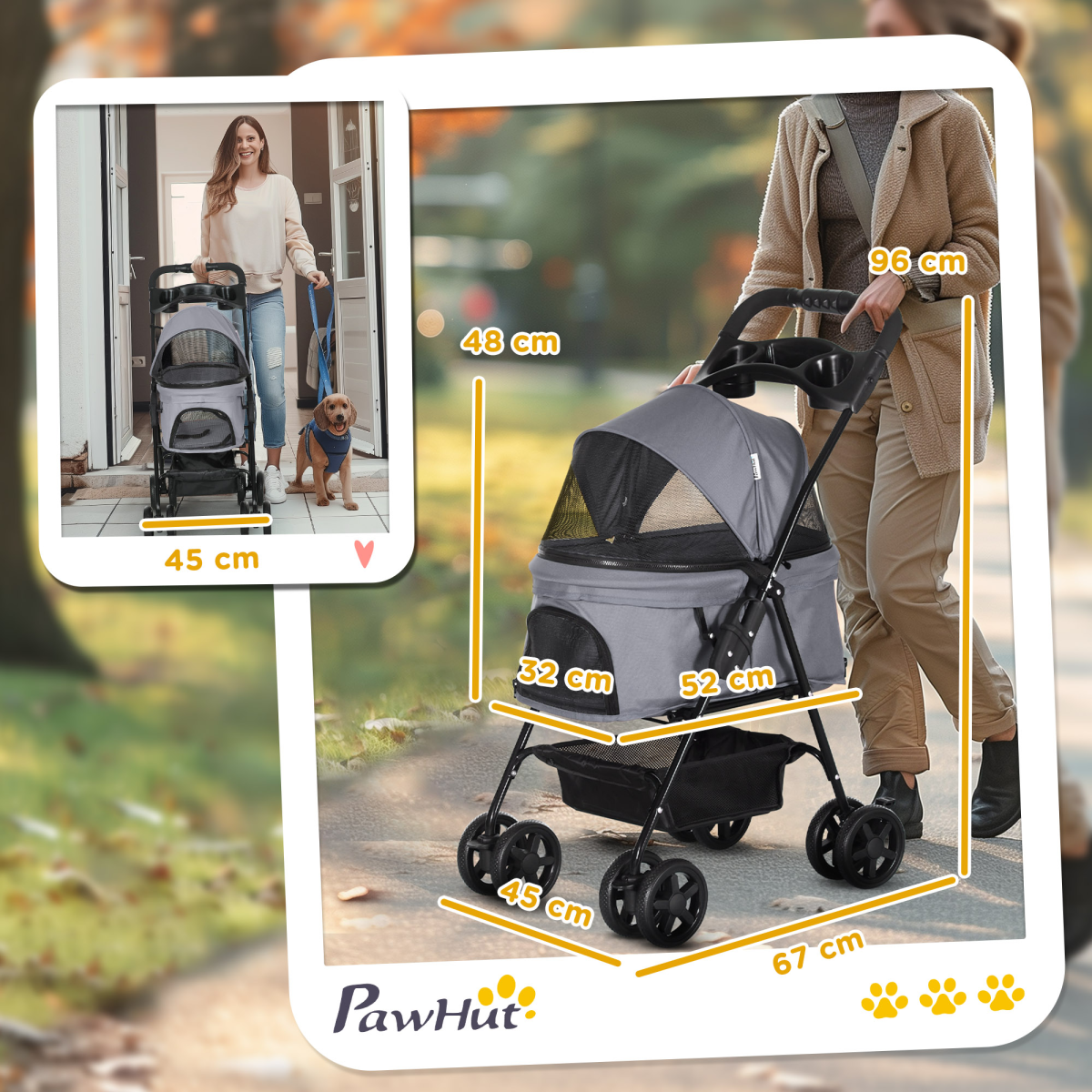 No-Zip Foldable Pet Stroller with Brake Basket, 360° Wheels, Adjustable Canopy