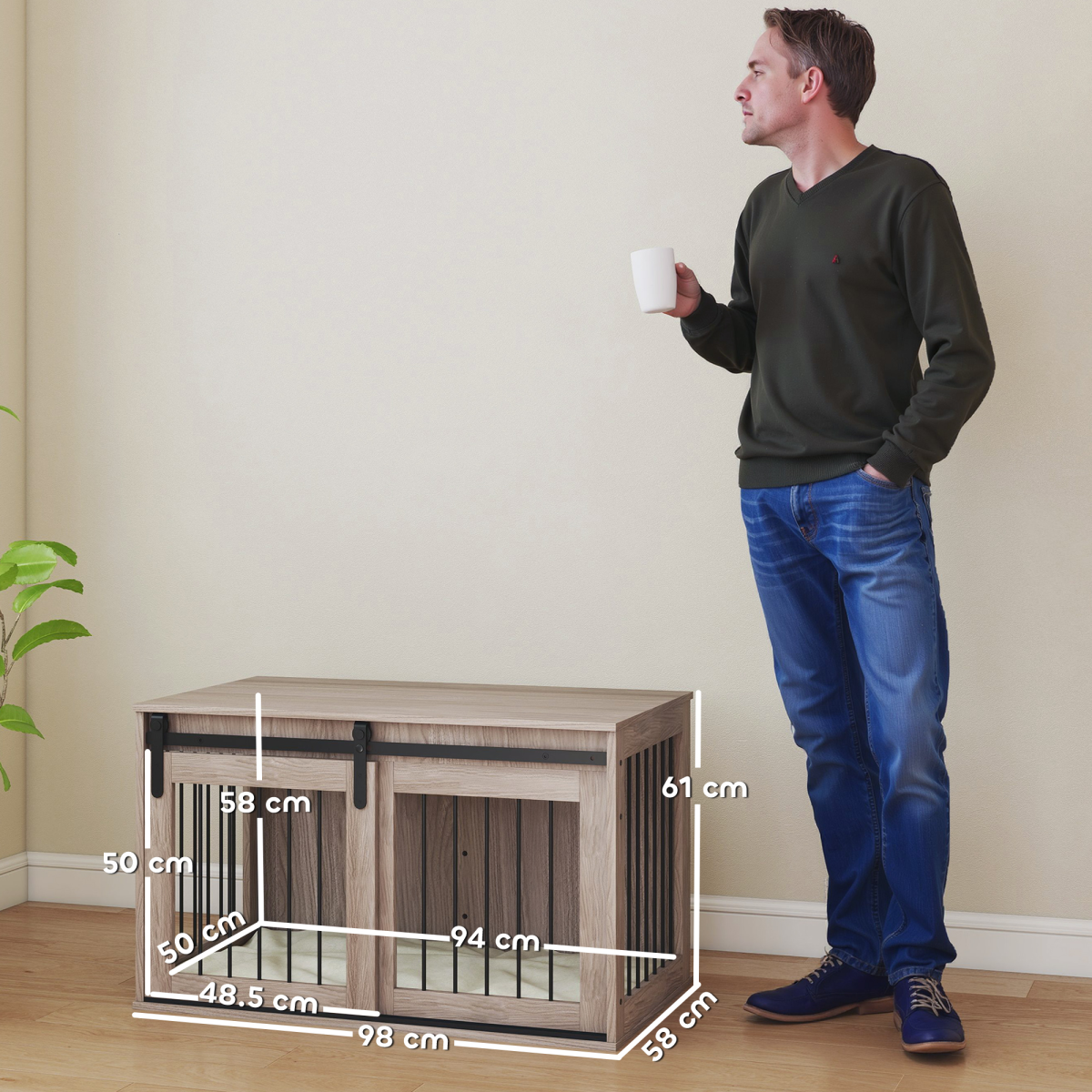 PawHut Large Dog Crate & Side Table with Removable Cushion - Brown