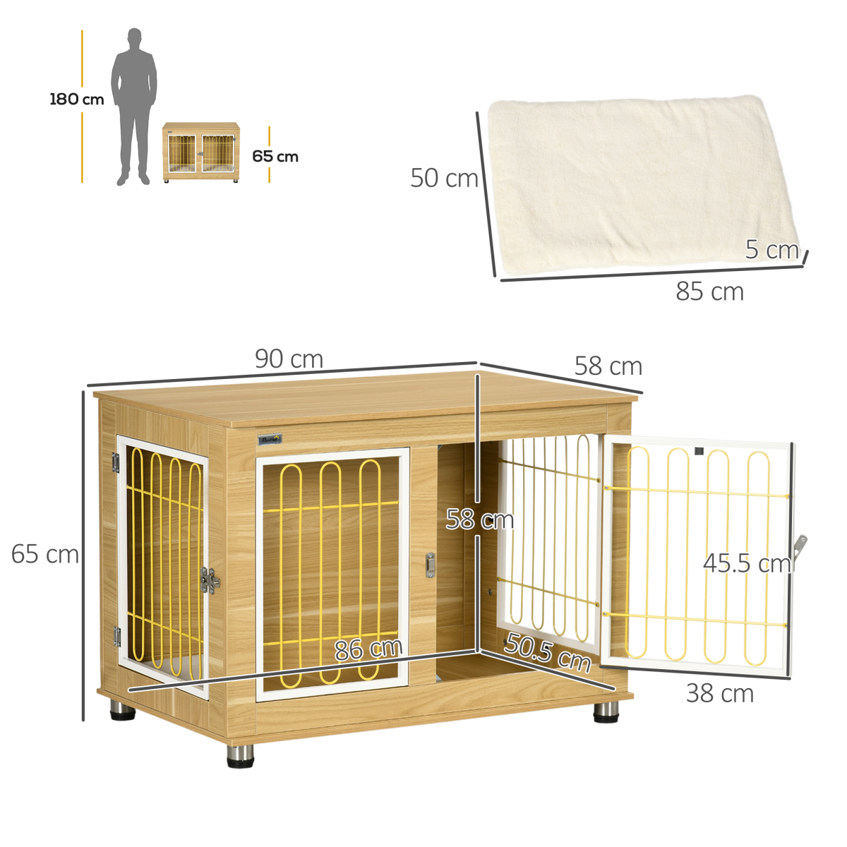 Oak-Style Dog Crate End Table with Plush Cushion & Double Doors