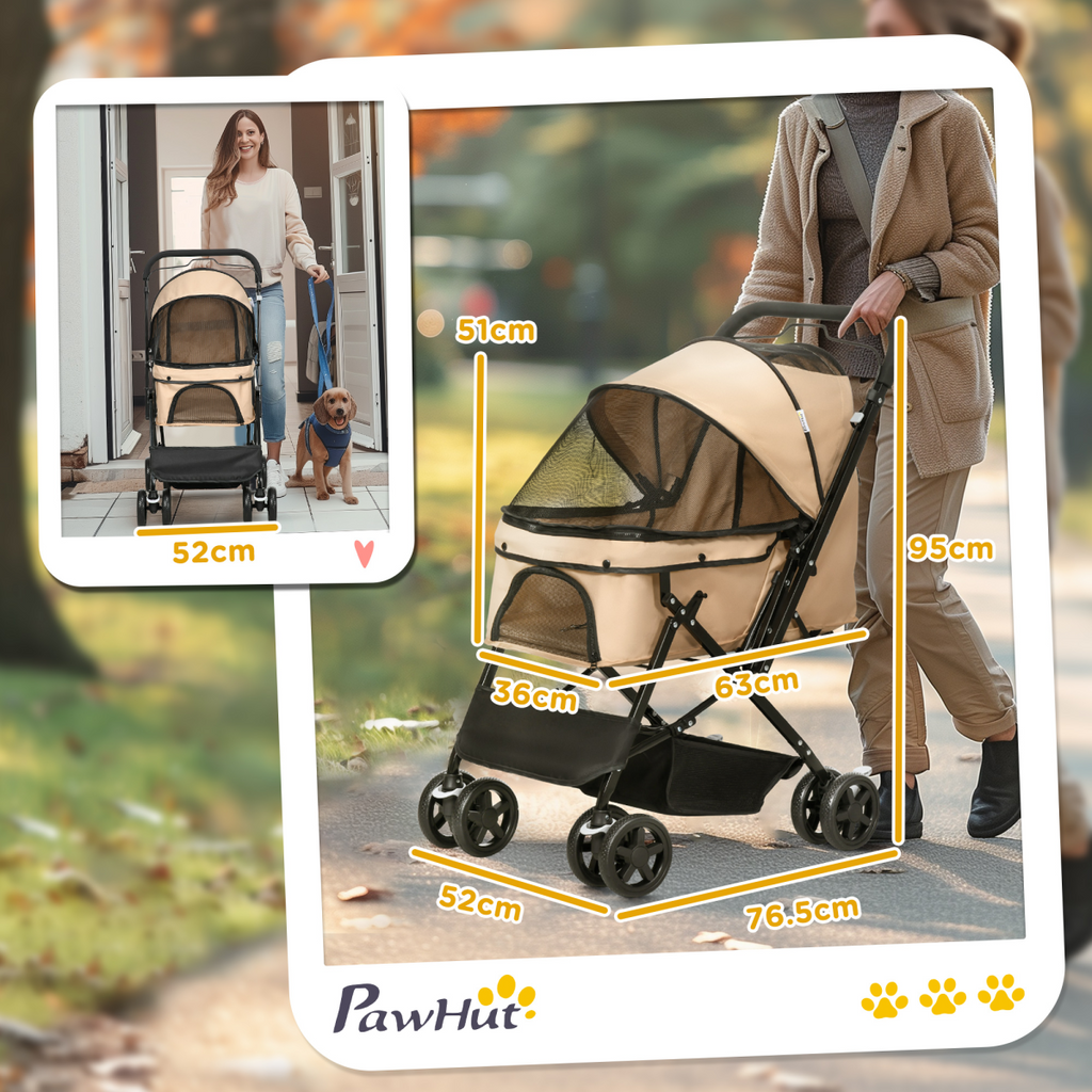 Foldable Pet Stroller for Small Dogs — Reversible Handle, Brown