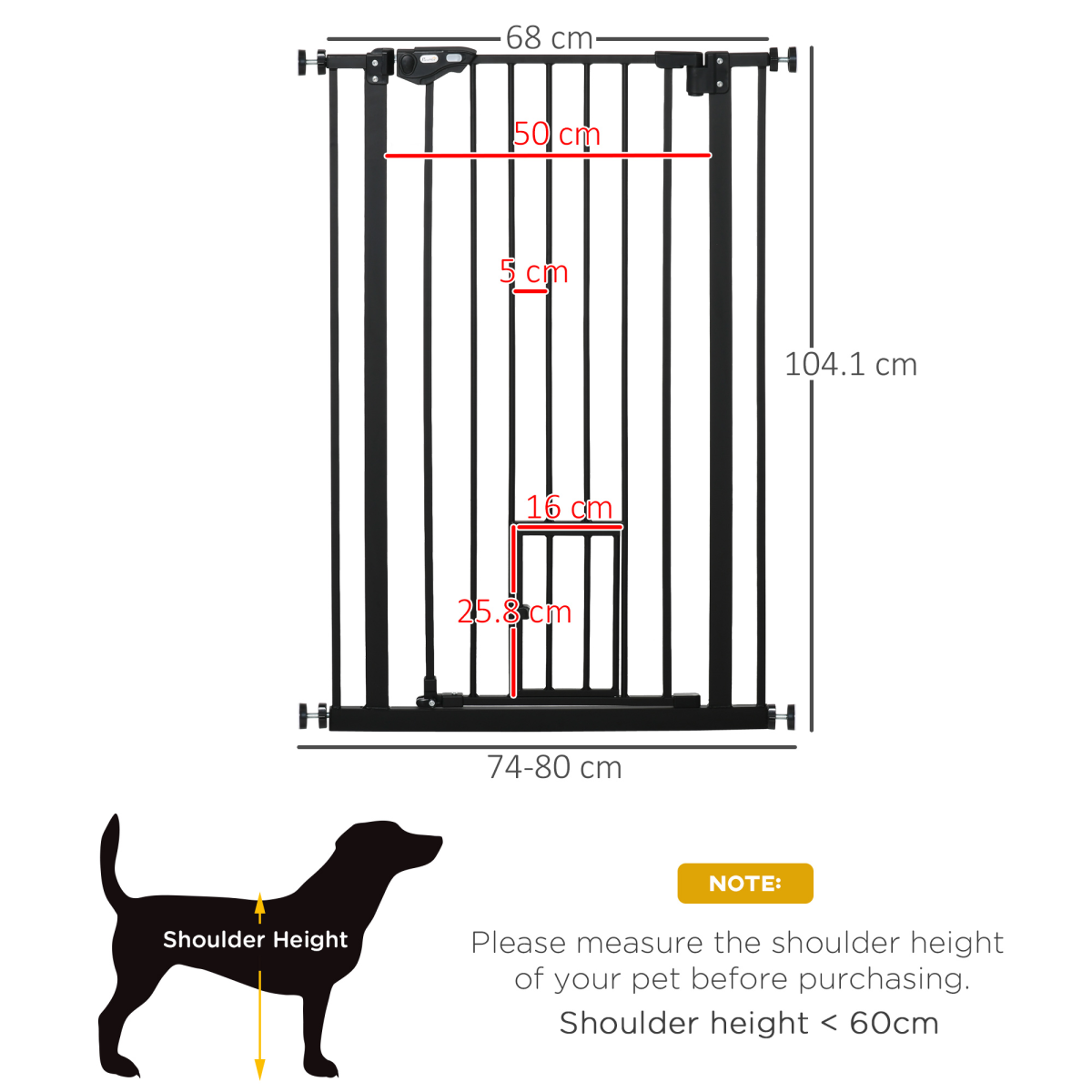 Extra Tall Dog Gate with Auto-Close & Cat Door for Stairs, 74-80 cm Wide