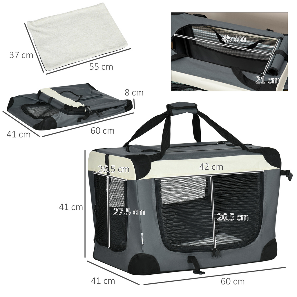 60cm Foldable Pet Carrier with Cushion - for Mini Dogs & Cats (Grey Pawhut)