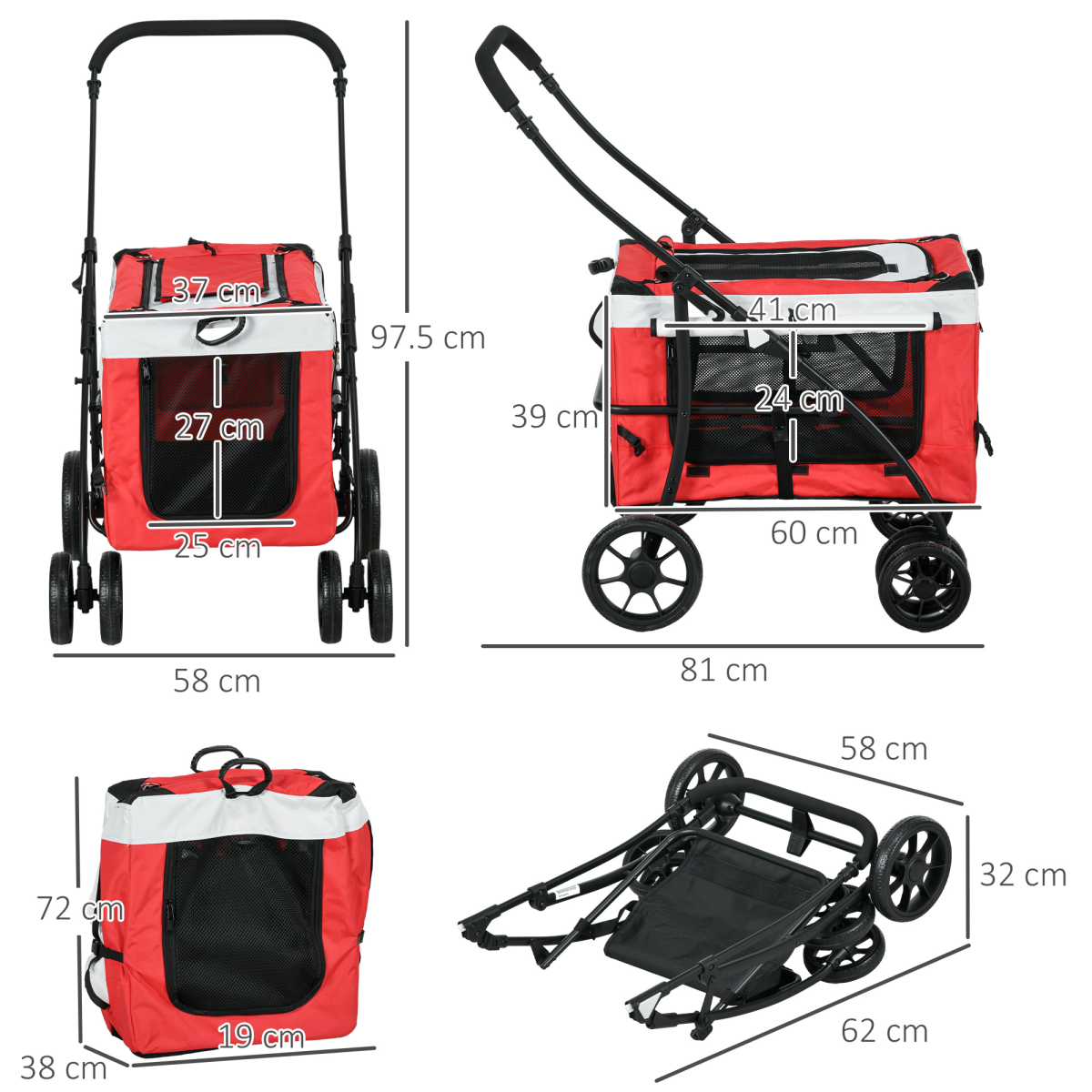 PawHut Foldable Pet Stroller with Detachable Carrier and Soft Padding - Red