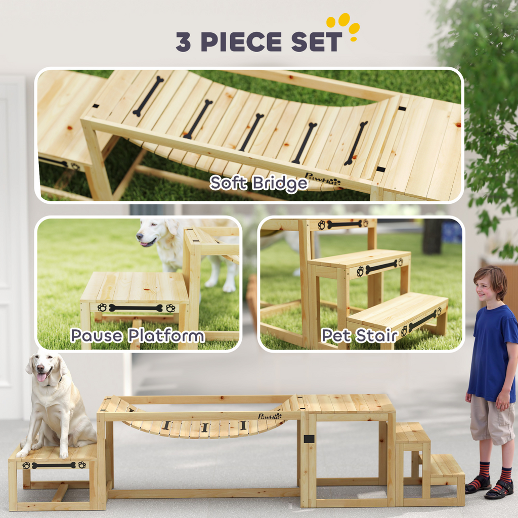 PawHut 3-Piece Wooden Dog Agility Kit: Soft Bridge, Pause Platform & Ladder