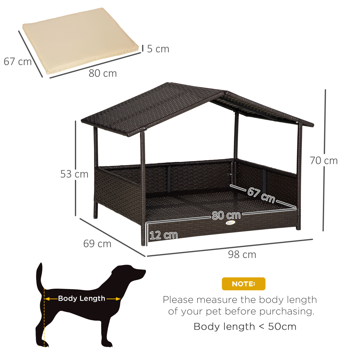 PawHut Wicker Dog House & Rattan Pet Bed with Cushion - Cream