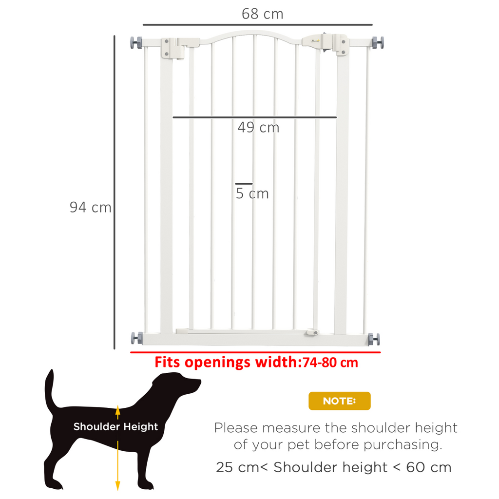 PawHut 74-80cm Adjustable Metal Pet Gate with Auto-Close Door, White