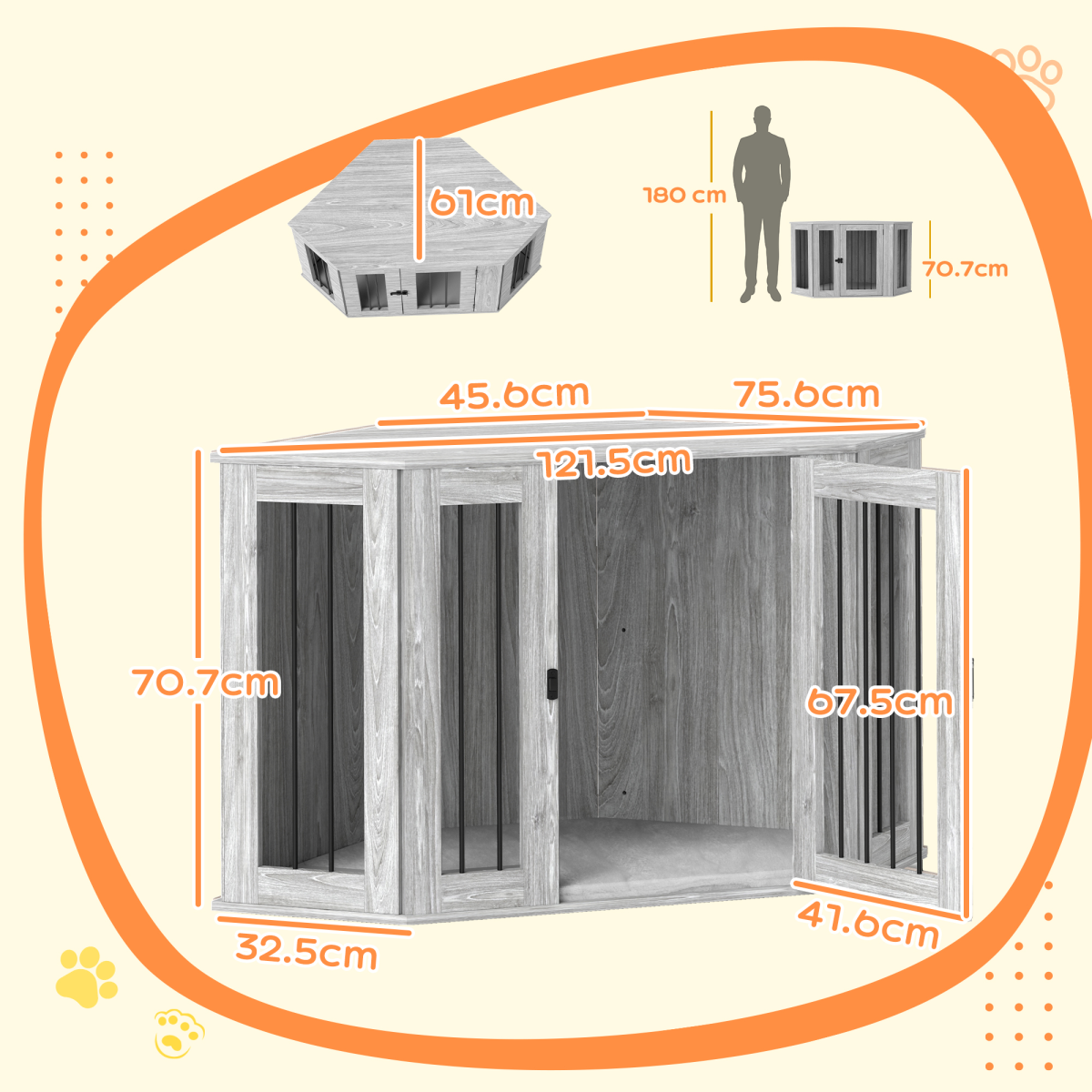 PawHut Large Dog Crate Furniture with Cushion & Door - Grey