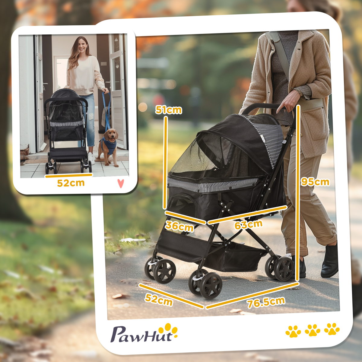Foldable Pet Stroller with Reversible Handle - Four-Wheel Travel Carriage Black