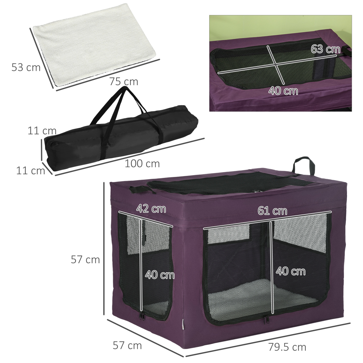 80cm Foldable Pet Carrier Bag with Cushion - Purple, for Small/Medium Dogs
