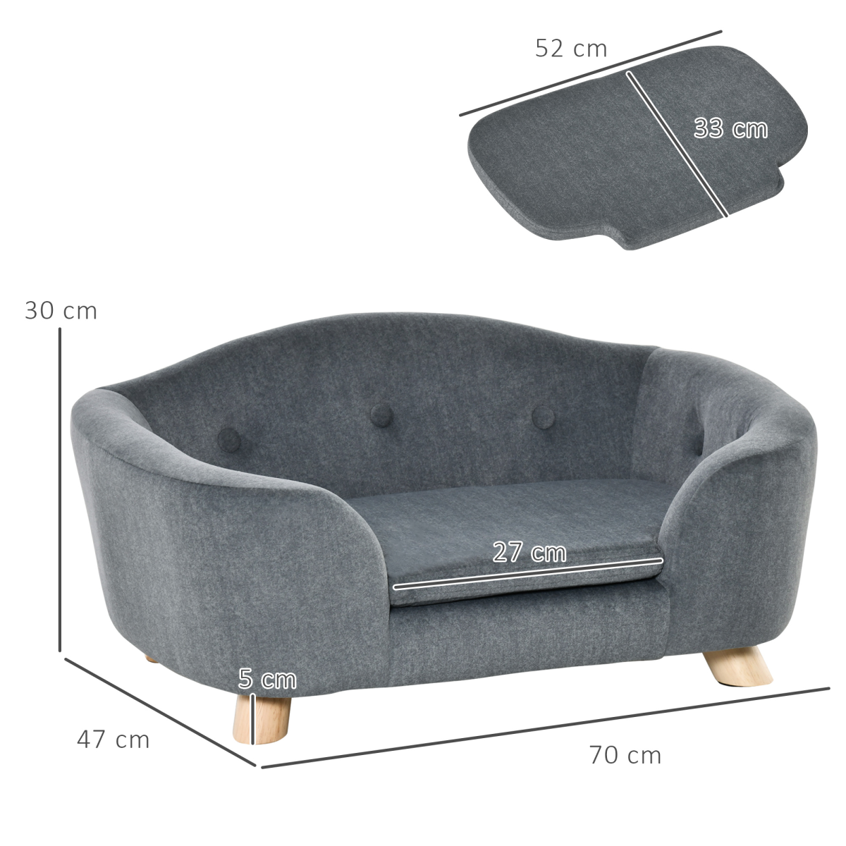 Pawhut Small Dog Sofa - Short Plush, 70x47x30 cm, Grey